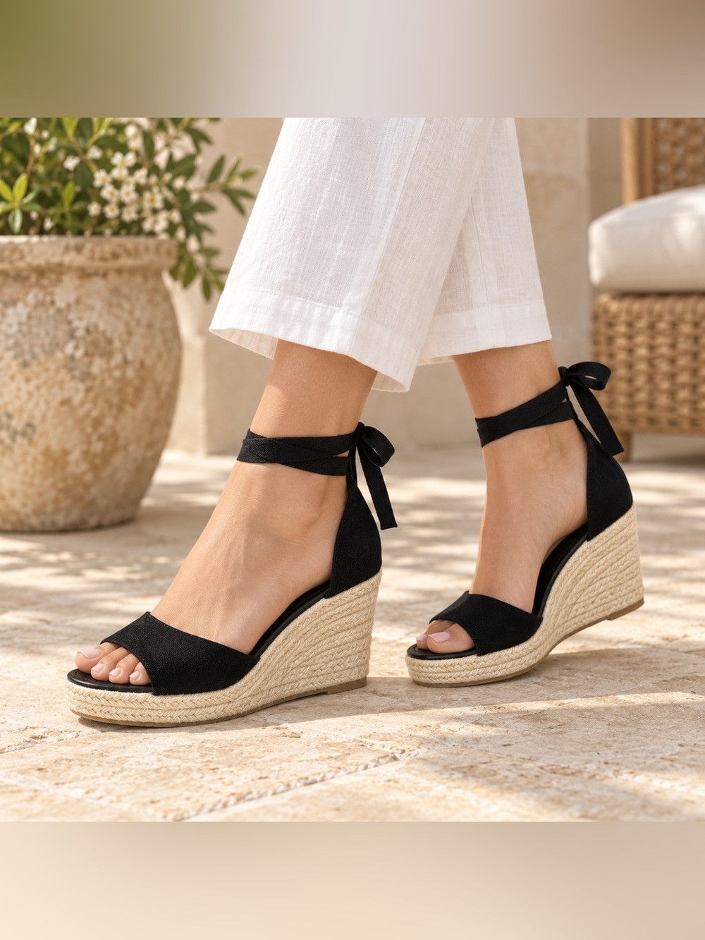 Black Ankle-Tie Espadrille Wedge Sandals Size 43 - Picture 10 of 10